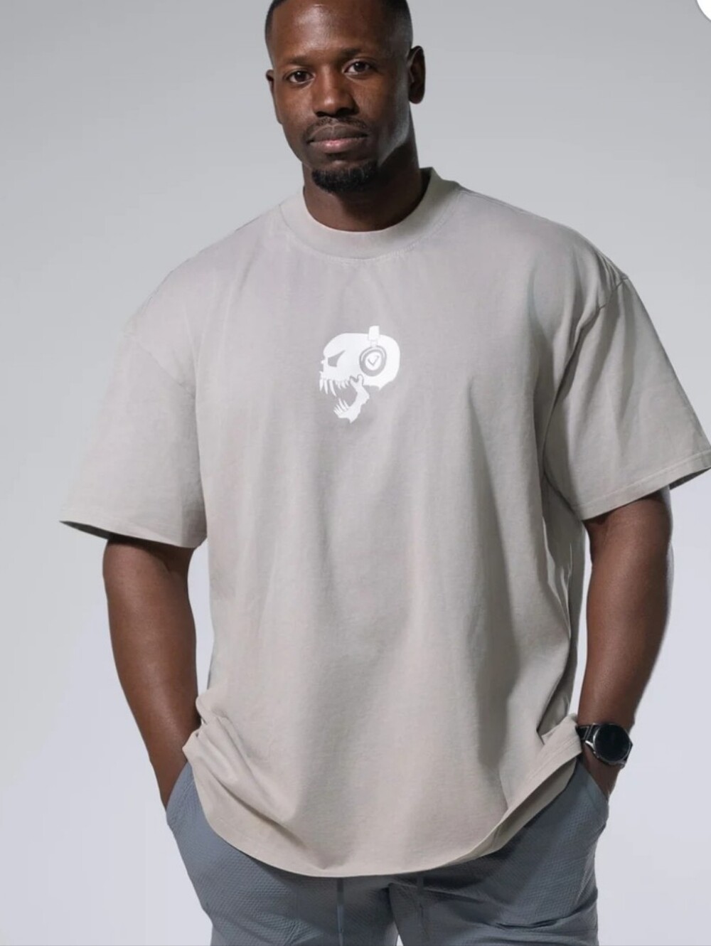 Violate The Dress Code Men's Oversized Beige Graphic Tee - Skull Logo